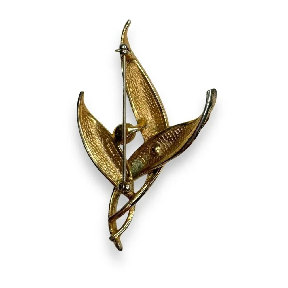 Vintage Boucher Gold Tone Leaf Brooch Faux Pearl Mid Century Modern 2.5